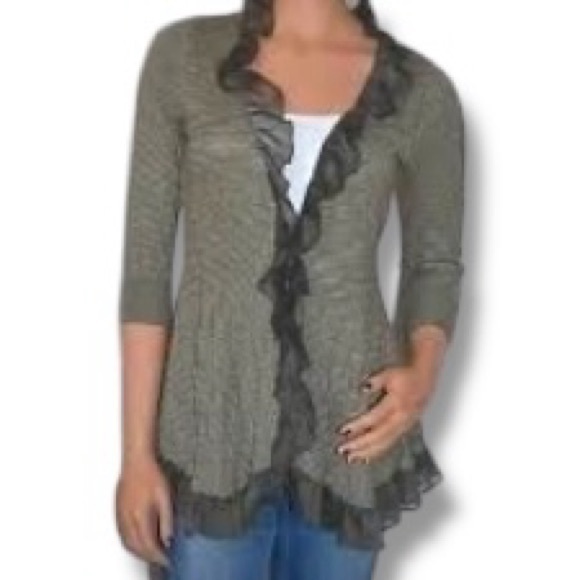 Anthropologie Guinevere Striped Ruffle Cardigan 3/4 sleeve in olive size Large - Picture 12 of 12
